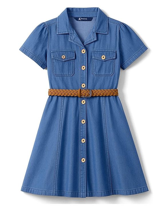 Pine Kids Cotton Woven Half Sleeves Solid Shirt Dress With Belt - Blue