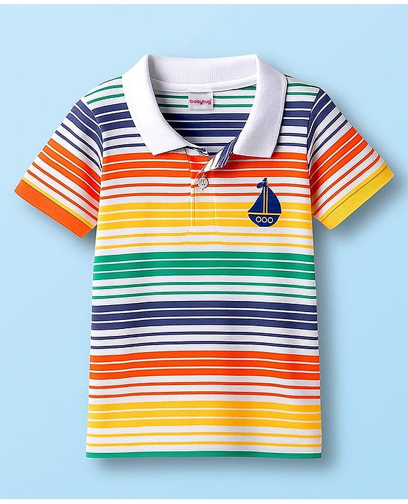 Babyhug Cotton Knit Half Sleeves Striped Polo T-Shirt with Ship Graphic - Multicolor