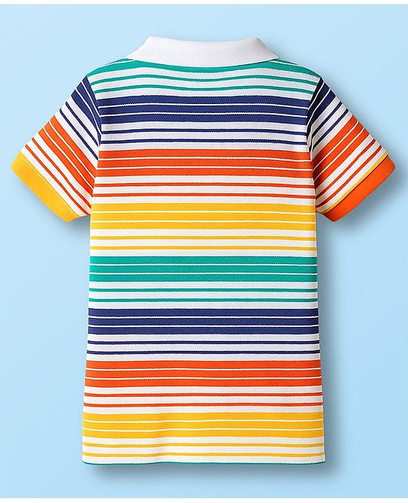 Babyhug Cotton Knit Half Sleeves Striped Polo T-Shirt with Ship Graphic - Multicolor