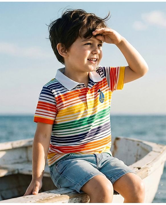 Babyhug Cotton Knit Half Sleeves Striped Polo T-Shirt with Ship Graphic - Multicolor