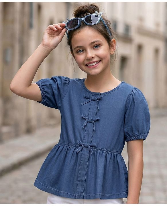 Pine Kids Cotton Woven Half Sleeves Solid Top - Blue