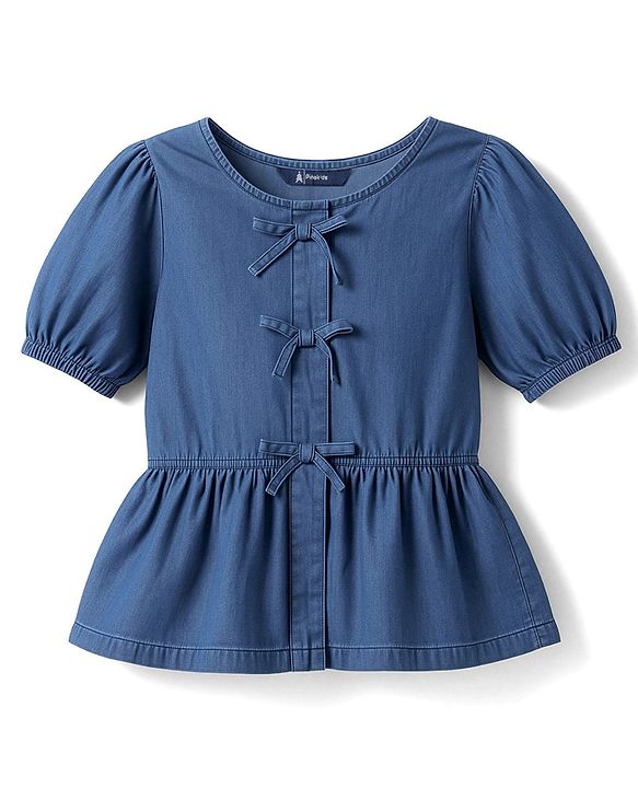 Pine Kids Cotton Woven Half Sleeves Solid Top - Blue