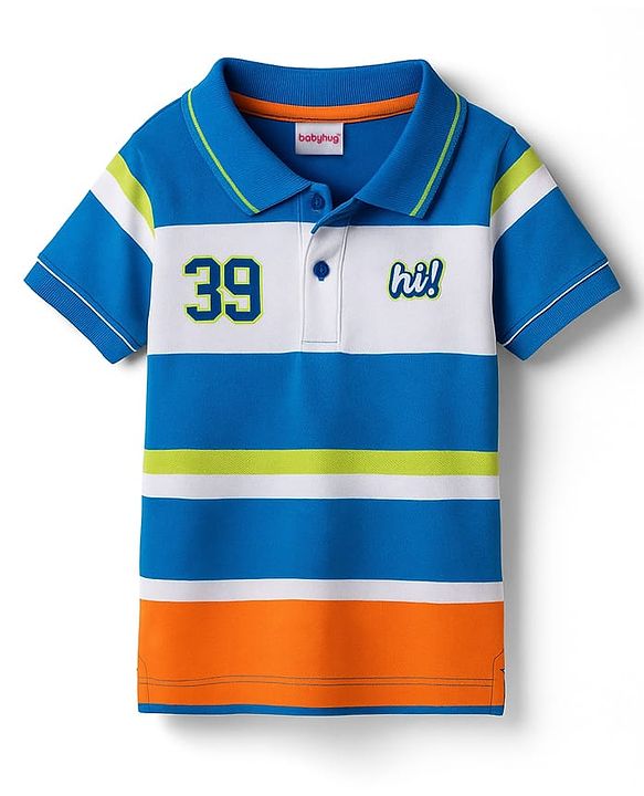 Babyhug Cotton Knit Half Sleeves Striped Polo T-Shirt with Text Graphic - Multicolor