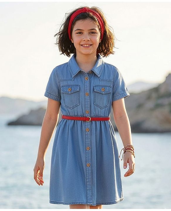 Pine Kids Cotton Woven Half Sleeves Solid Shirt Dress With Belt - Blue