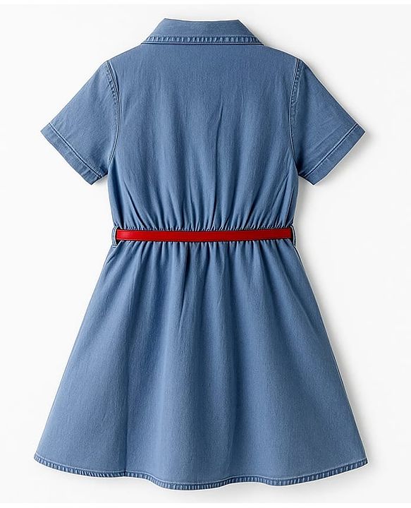 Pine Kids Cotton Woven Half Sleeves Solid Shirt Dress With Belt - Blue