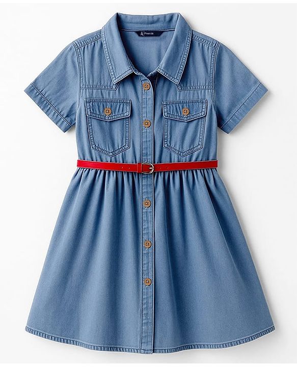 Pine Kids Cotton Woven Half Sleeves Solid Shirt Dress With Belt - Blue
