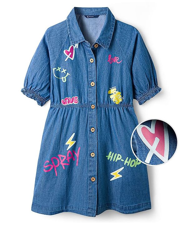 Pine Kids Cotton Woven Half Sleeves Frock With Text Print - Navy Blue