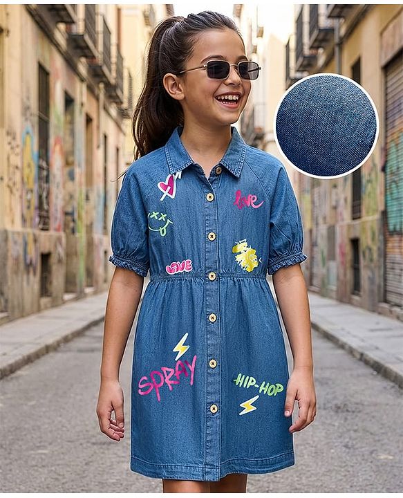 Pine Kids Cotton Woven Half Sleeves Frock With Text Print - Navy Blue