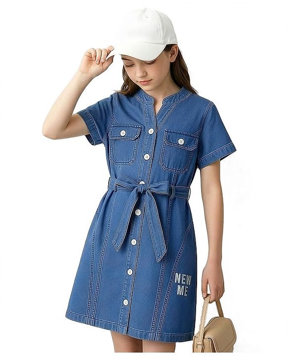 Pine Kids Cotton Woven Half Sleeves Solid Shirt Dress With Belt - Blue