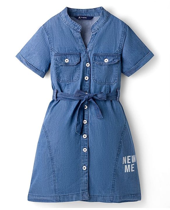 Pine Kids Cotton Woven Half Sleeves Solid Shirt Dress With Belt - Blue