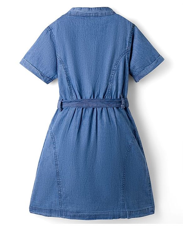 Pine Kids Cotton Woven Half Sleeves Solid Shirt Dress With Belt - Blue