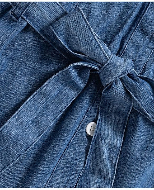 Pine Kids Cotton Woven Half Sleeves Solid Shirt Dress With Belt - Blue