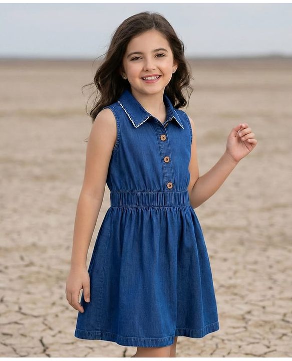 Pine Kids Cotton Woven Sleeveless Solid Frock - Navy Blue