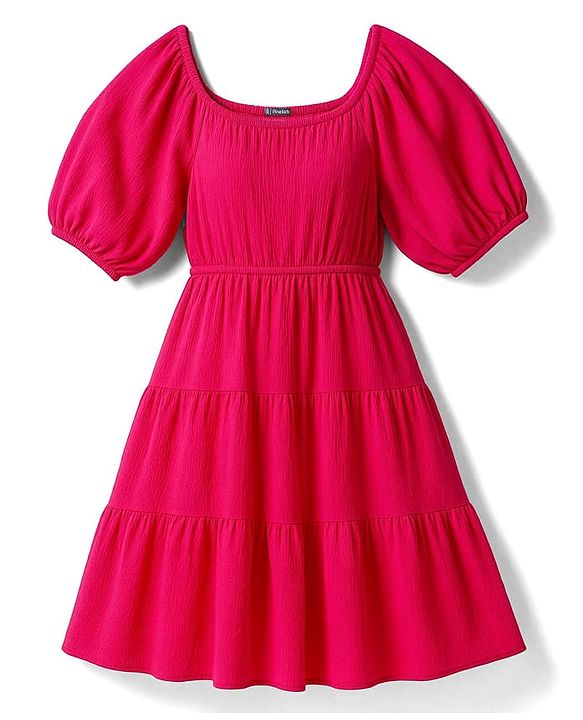 Pine Kids Woven Half Sleeves Solid Frock - Dark Pink