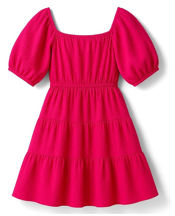 Pine Kids Woven Half Sleeves Solid Frock - Dark Pink