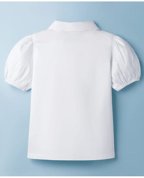 Pine Kids Cotton Woven Half Puffed Sleeves Top with Bow Applique - White