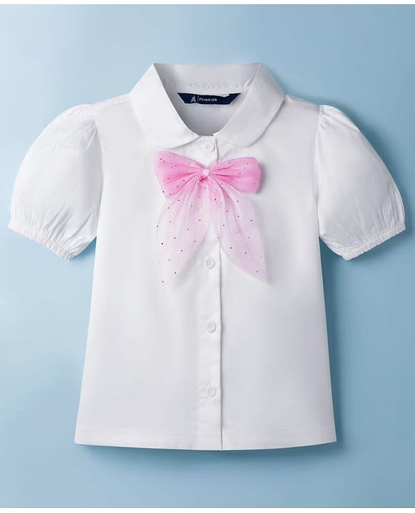 Pine Kids Cotton Woven Half Puffed Sleeves Top with Bow Applique - White