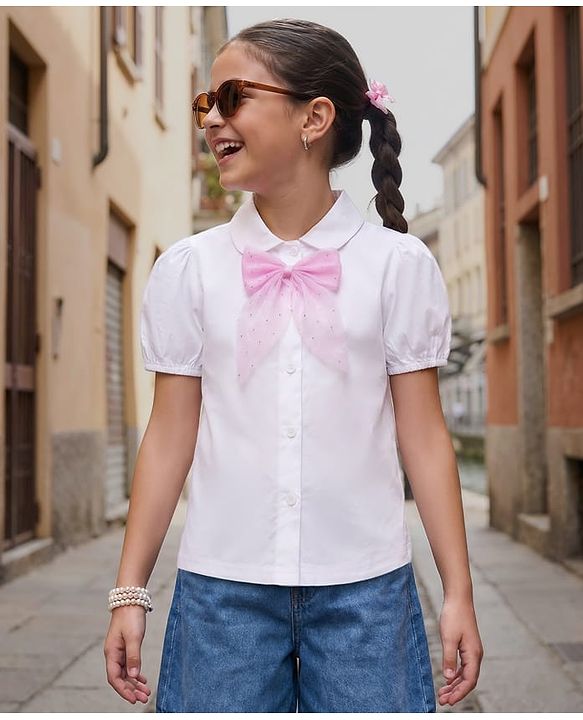 Pine Kids Cotton Woven Half Puffed Sleeves Top with Bow Applique - White