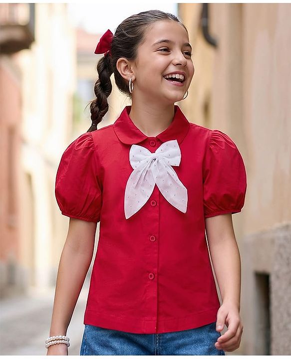 Pine Kids Cotton Woven Half Sleeves Solid Top With Bow Applique - Red