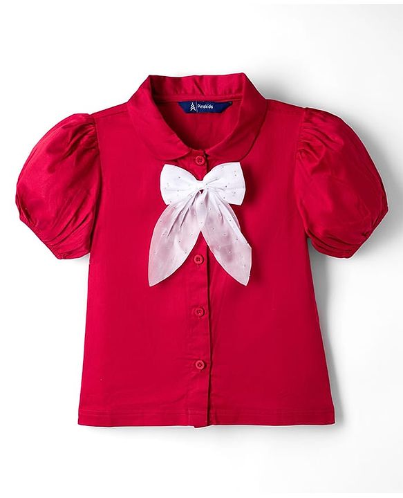 Pine Kids Cotton Woven Half Sleeves Solid Top With Bow Applique - Red