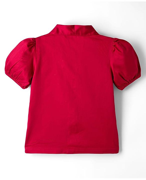 Pine Kids Cotton Woven Half Sleeves Solid Top With Bow Applique - Red