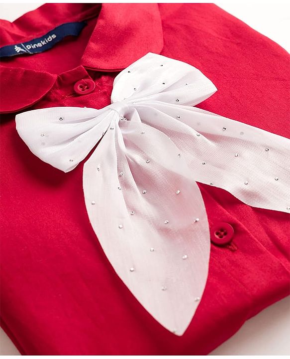 Pine Kids Cotton Woven Half Sleeves Solid Top With Bow Applique - Red
