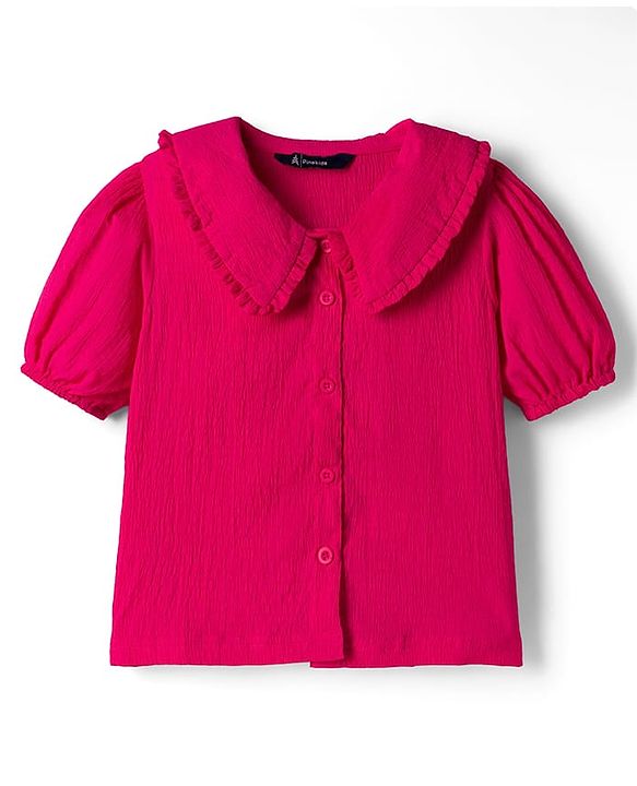 Pine Kids Cotton Woven Half Puffed Sleeves Front Open Top With Frill Detailing - Dark Pink