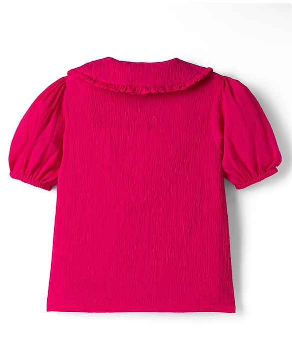 Pine Kids Cotton Woven Half Puffed Sleeves Front Open Top With Frill Detailing - Dark Pink