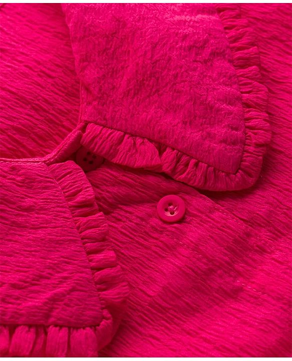 Pine Kids Cotton Woven Half Puffed Sleeves Front Open Top With Frill Detailing - Dark Pink