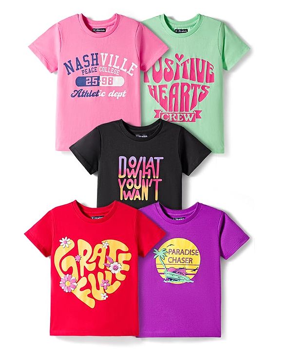 Pine Kids Cotton Knit T-Shirts with Text Print Half Sleeves Round Neck Multi Colors Pack of 5 6-7 Years