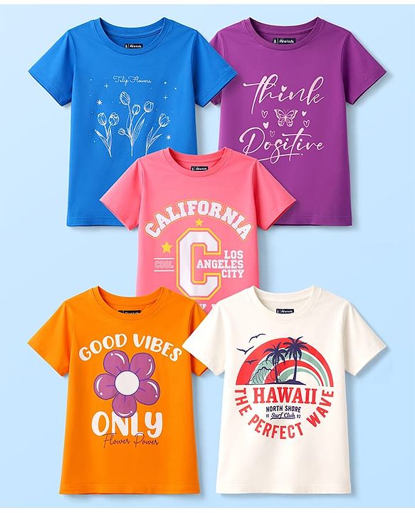 Pine Kids Cotton Knit T-Shirts with Graphic Print Multi Colors 6-7 Years