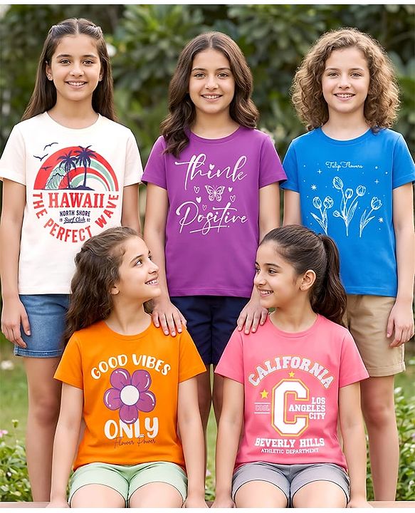 Pine Kids Cotton Knit T-Shirts with Graphic Print Multi Colors 6-7 Years