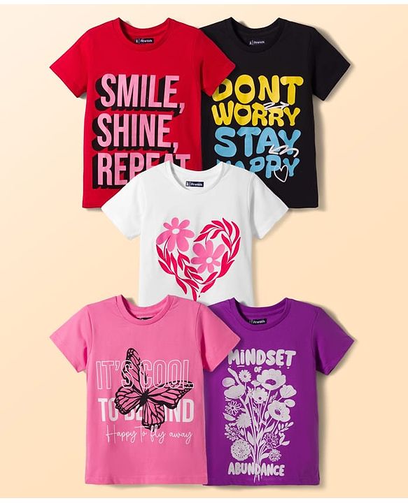 Pine Kids Cotton Knit Half Sleeves T-Shirts with Floral Print Pack of 5 - Multicolor