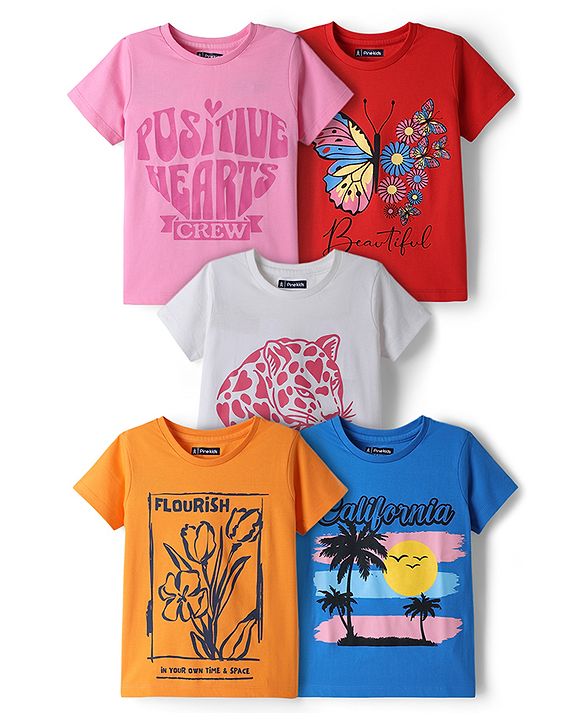 Pine Kids Cotton Knit Regular T-Shirts with Graphic Print Multi Colors 5-6 Years Pack of 5