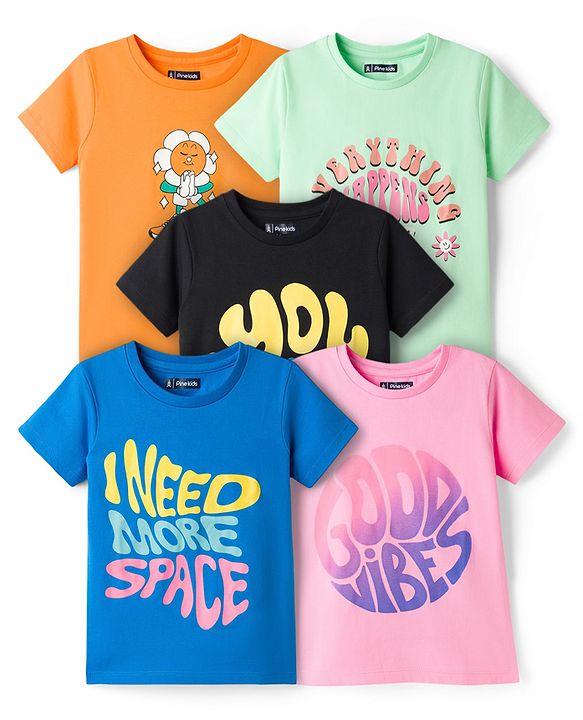 Pine Kids Cotton Knit T-Shirts with Graphic Print Multi Colors 4-5 Years Pack of 5