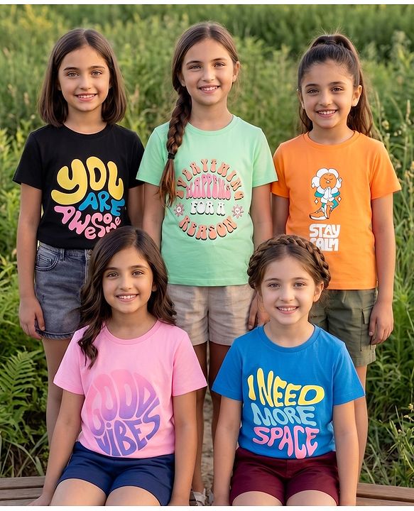 Pine Kids Cotton Knit T-Shirts with Graphic Print Multi Colors 4-5 Years Pack of 5