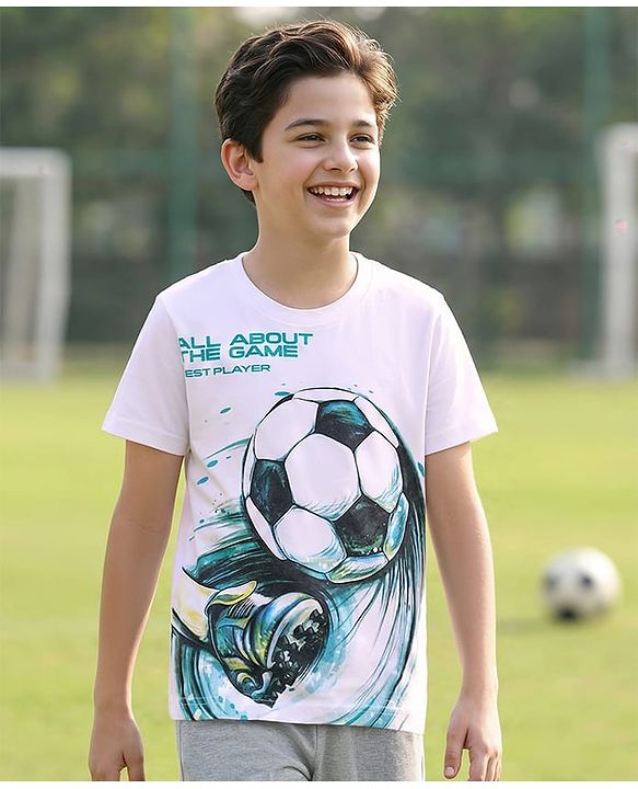 Pine Kids Cotton Knit Half Sleeves T-Shirt with Gaming Graphic - White