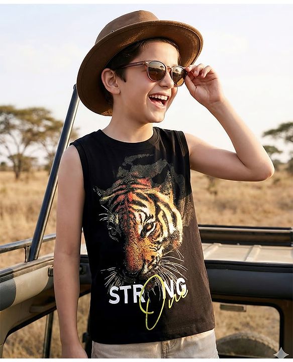 Pine Kids Cotton Knit Sleeveless Tank T-Shirt with Tiger Graphic - Black