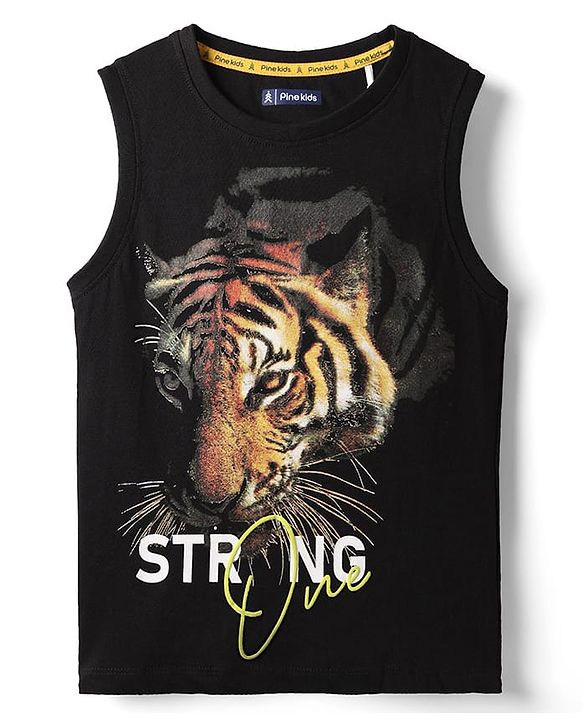 Pine Kids Cotton Knit Sleeveless Tank T-Shirt with Tiger Graphic - Black
