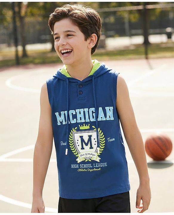 Pine Kids Cotton Knit Sleeveless Hooded T-Shirt With Text Print - Navy Blue