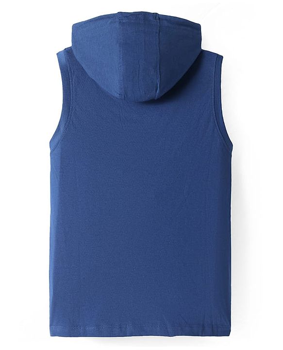 Pine Kids Cotton Knit Sleeveless Hooded T-Shirt With Text Print - Navy Blue