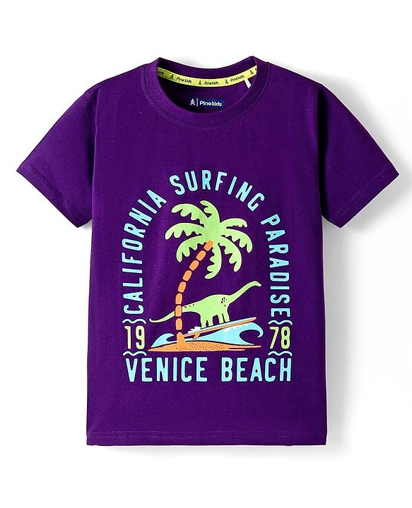 Pine Kids Cotton Knit Half Sleeves T-Shirt with Beach Theme Graphic - Purple