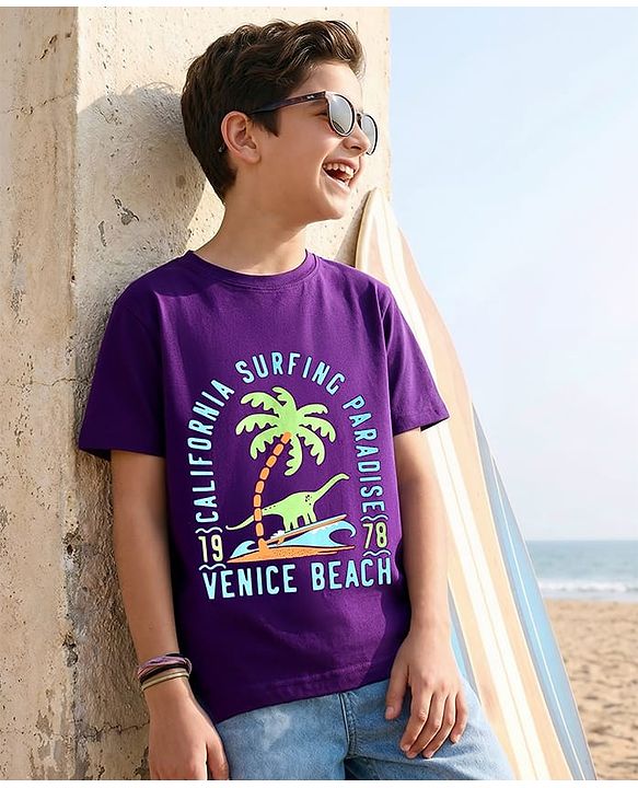 Pine Kids Cotton Knit Half Sleeves T-Shirt with Beach Theme Graphic - Purple