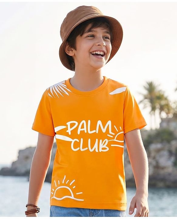 Pine Kids Cotton Knit Half Sleeves T-Shirt with Tropical Theme Graphic - Orange