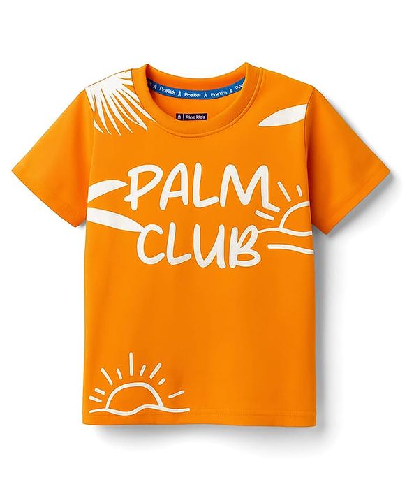 Pine Kids Cotton Knit Half Sleeves T-Shirt with Tropical Theme Graphic - Orange