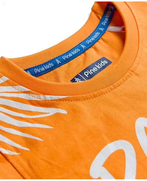 Pine Kids Cotton Knit Half Sleeves T-Shirt with Tropical Theme Graphic - Orange