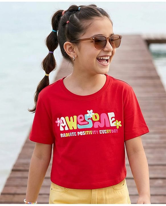 Pine Kids Cotton Knit Half Sleeves T-Shirt With Awesome Text Print - Red