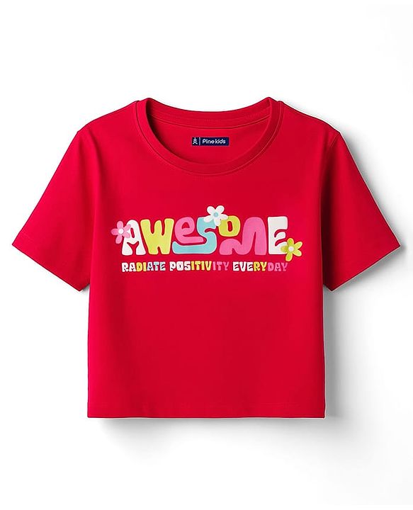 Pine Kids Cotton Knit Half Sleeves T-Shirt With Awesome Text Print - Red