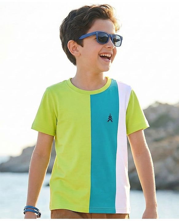 Pine Kids Cotton Knit Half Sleeves T-Shirt with Stripes & Brand Logo Print  Print - Limegreen & Light Blue