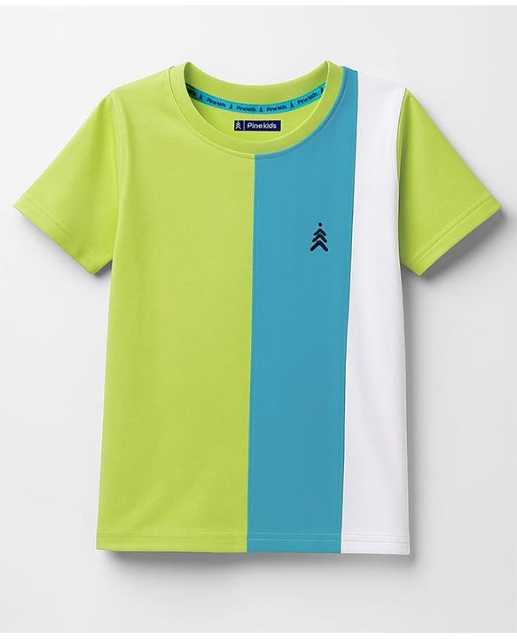 Pine Kids Cotton Knit Half Sleeves T-Shirt with Stripes & Brand Logo Print  Print - Limegreen & Light Blue